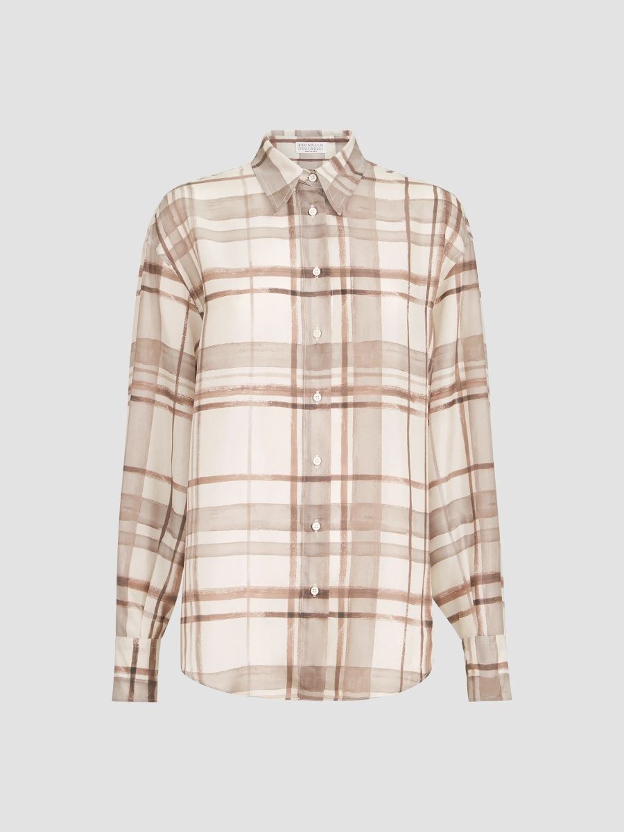 Brunello Cucinelli Women's Silk Pongée Shirt in Macrocheck Print - Panama - Size XXXL