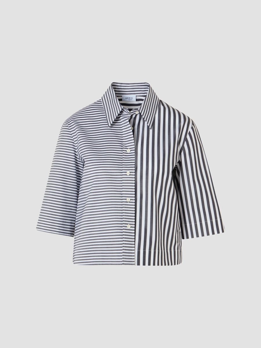 Akris punto Women's Striped Cotton Poplin Boxy Crop Blouse - Black Denim Cream - Size 18