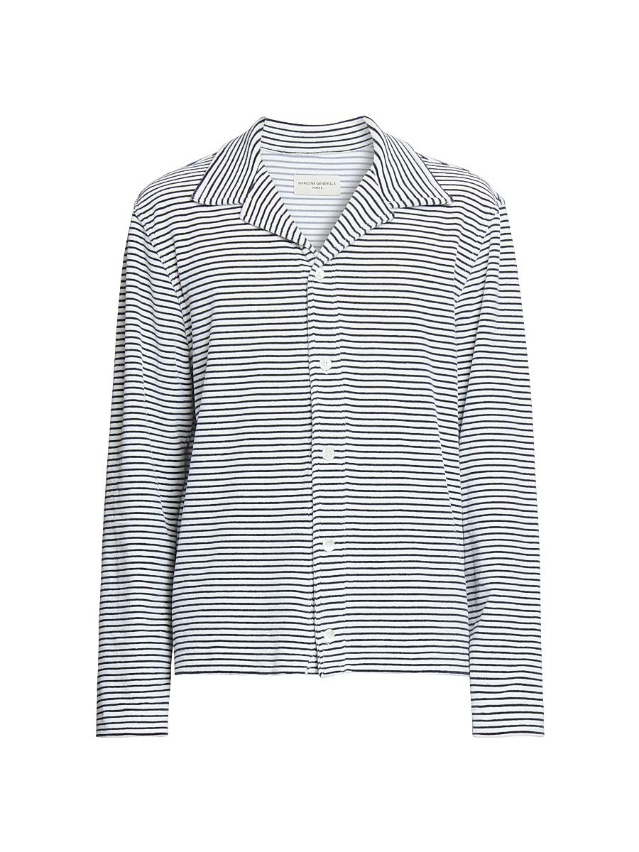 Men's Kai Striped Cotton Terry Shirt - White Heather Blue - Size Medium