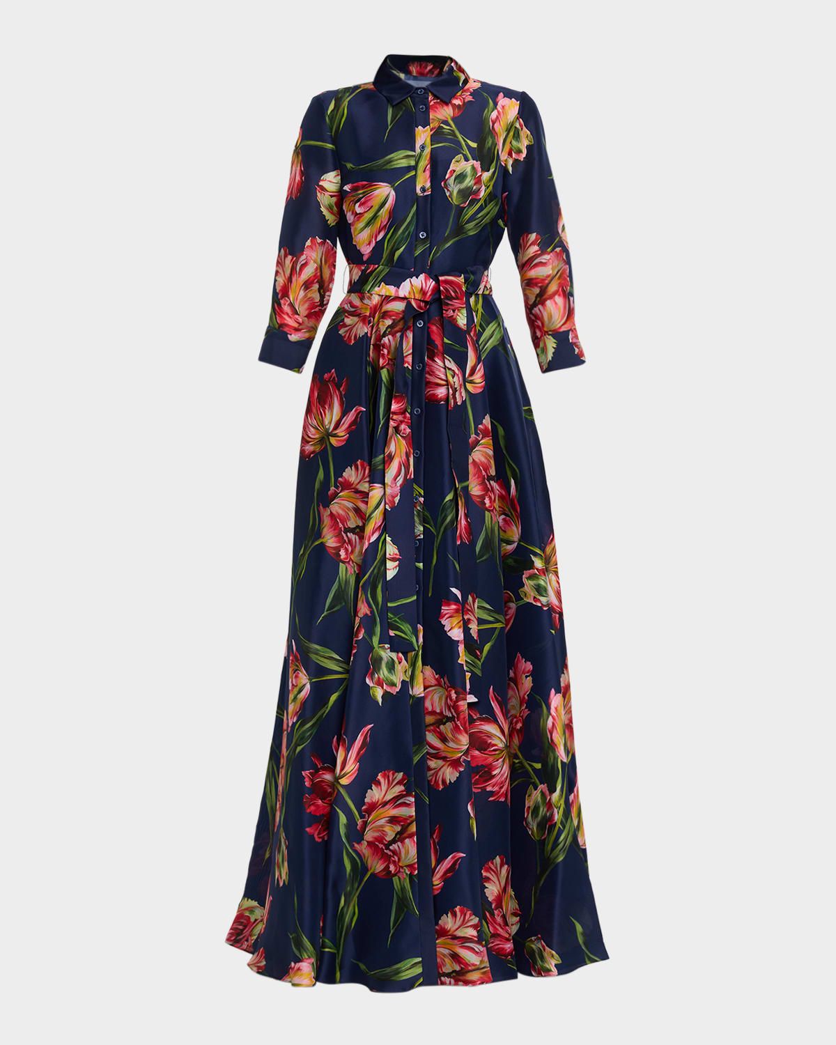 Floral Silk Belted Long-Sleeve Trench Gown