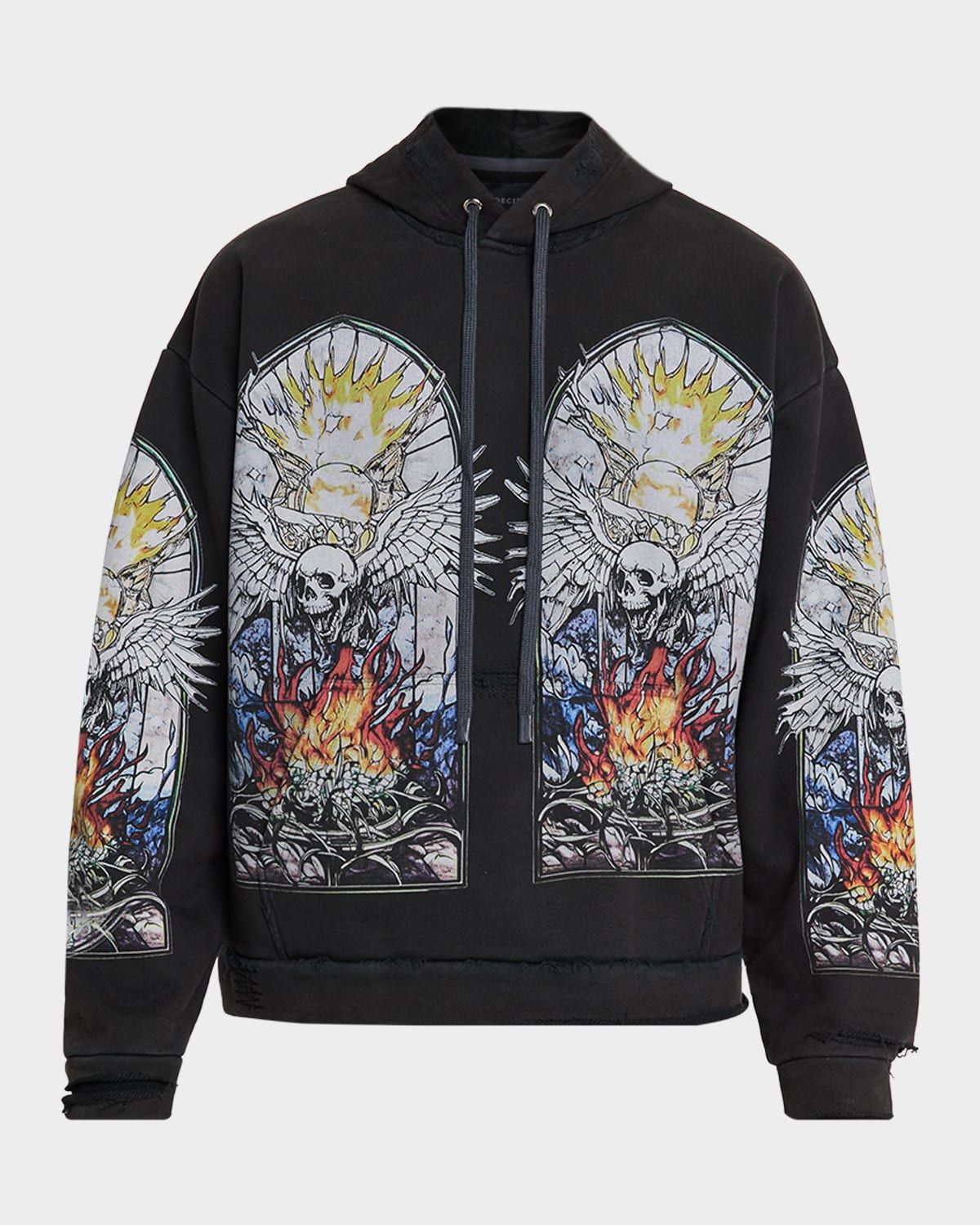 Men & apos;s Skull Hooded Pullover in Distressed Cotton