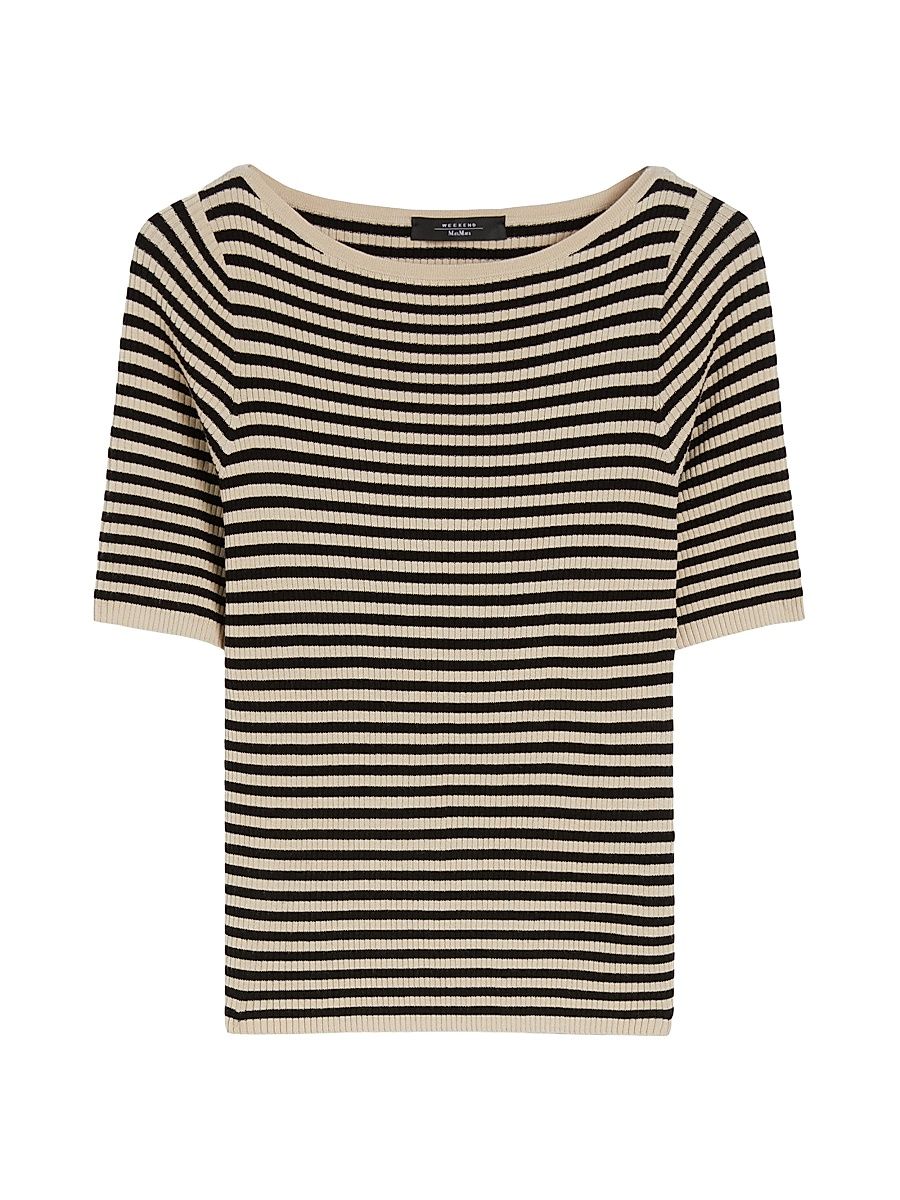 Women's Slim Fit Stretch Viscose T-Shirt - Beige Pinstripes - Size Large