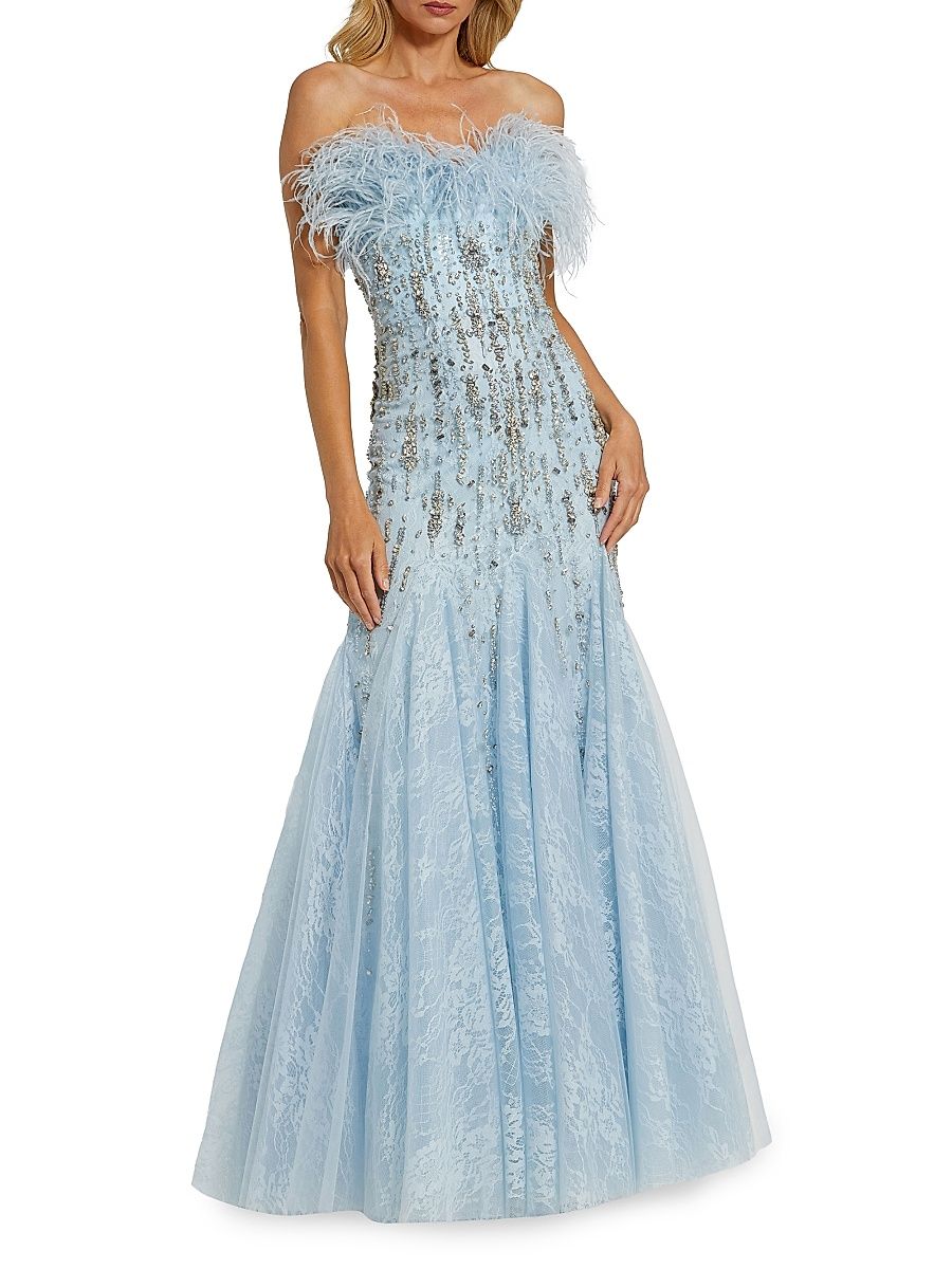 Women's Evening Feather Strapless Gown - Powder Blue - Size 16