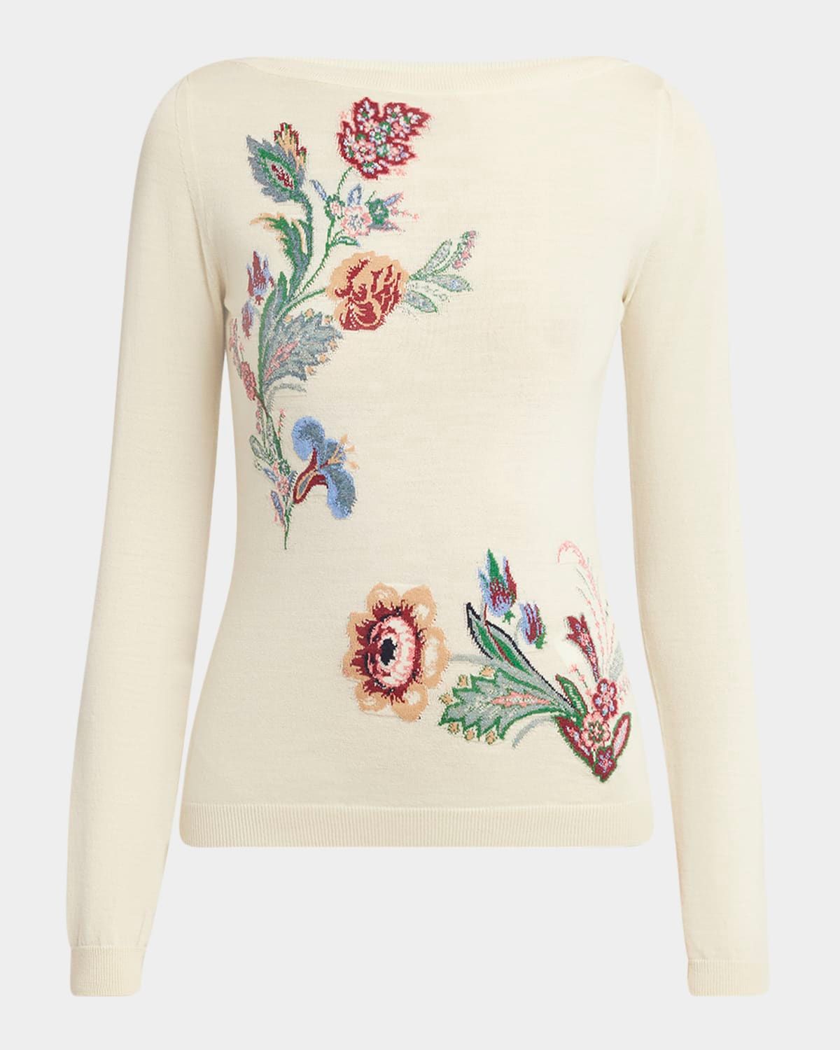 Boat-Neck Floral Linen Knit Sweater