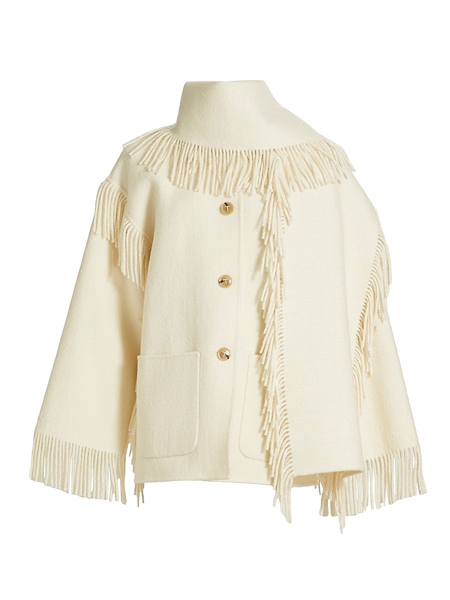 Women's Fringed Scarf Wool-Blend Jacket - Winter White - Size 8