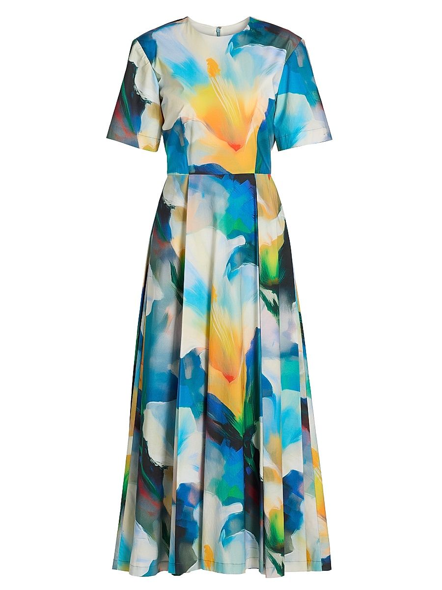 Women's Abstract Floral Pleated Cocktail Dress - Blue Multi - Size 6