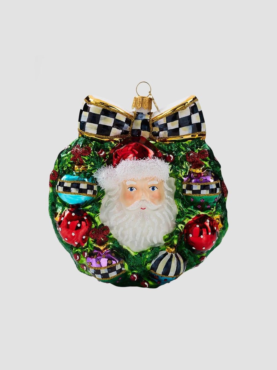 MacKenzie-Childs Merry Christmas Santa Wreath Glass Ornament