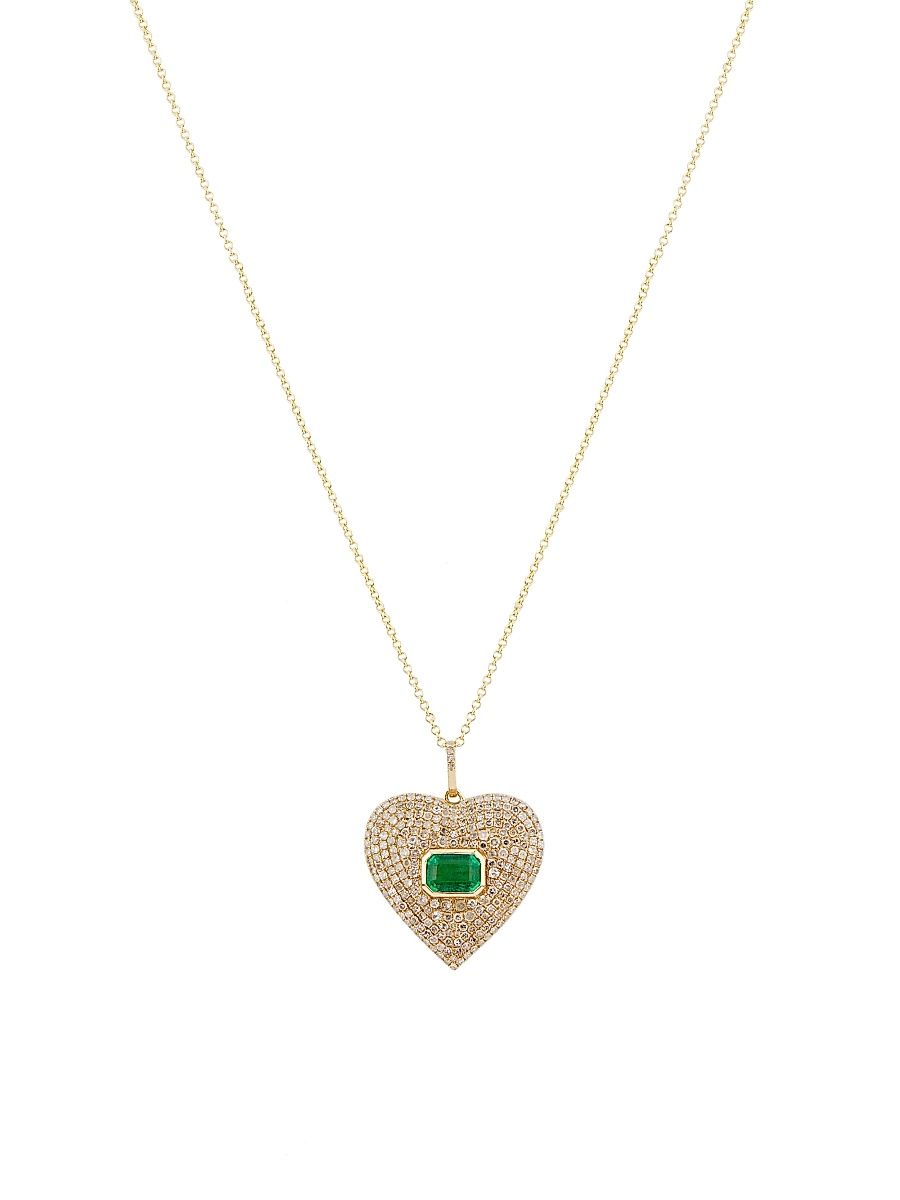 Women's 14K Yellow Gold, Emerald & 1.73 TCW Diamond Heart Pendant Necklace - Yellow Gold