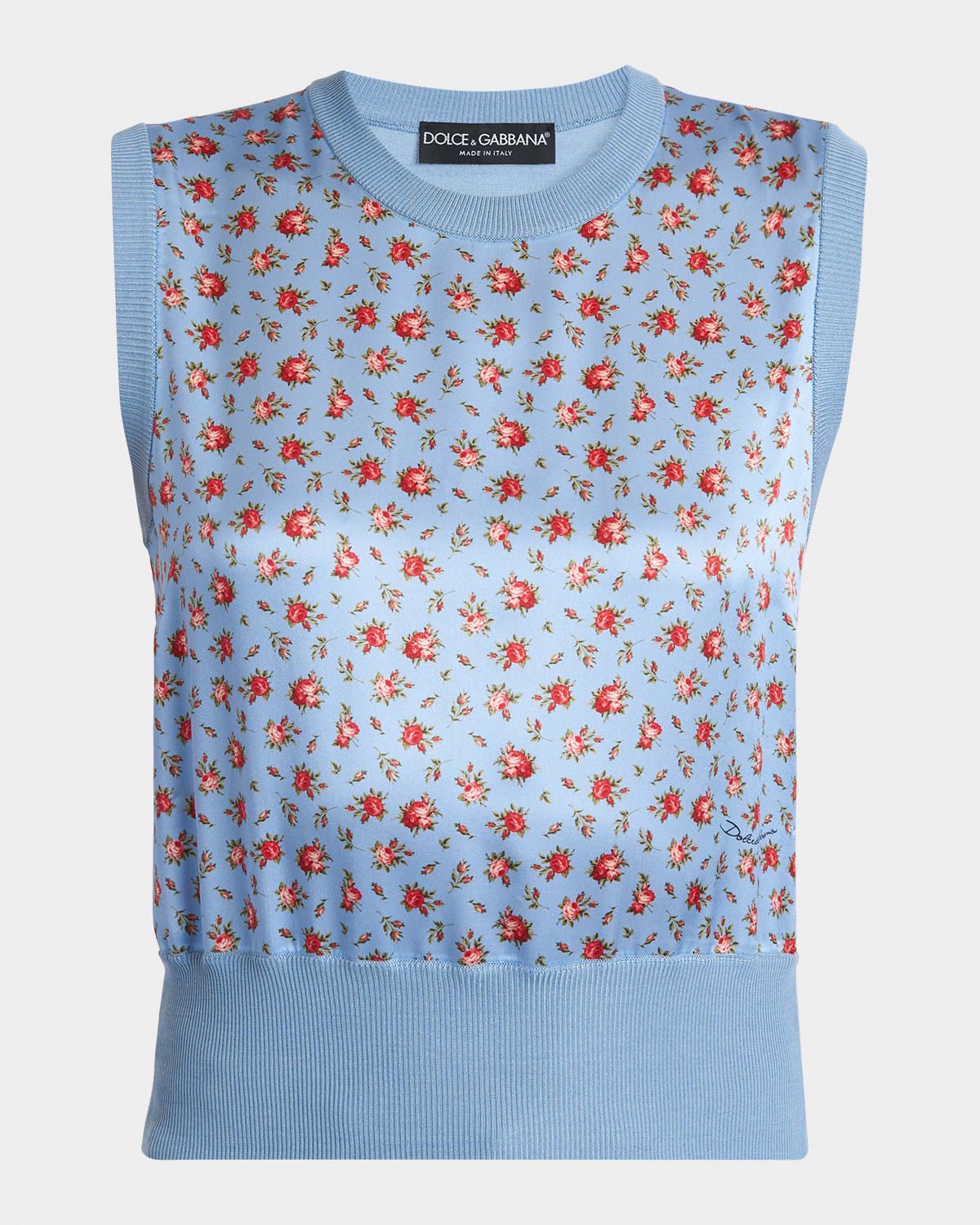 Small Rose Bouquets-Print Silk Tank Top