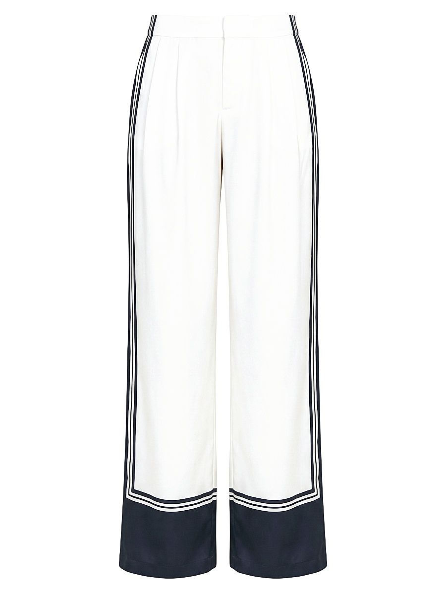 Women's Marlowe Satin Straight-Leg Pants - Navy Tile Print - Size Large