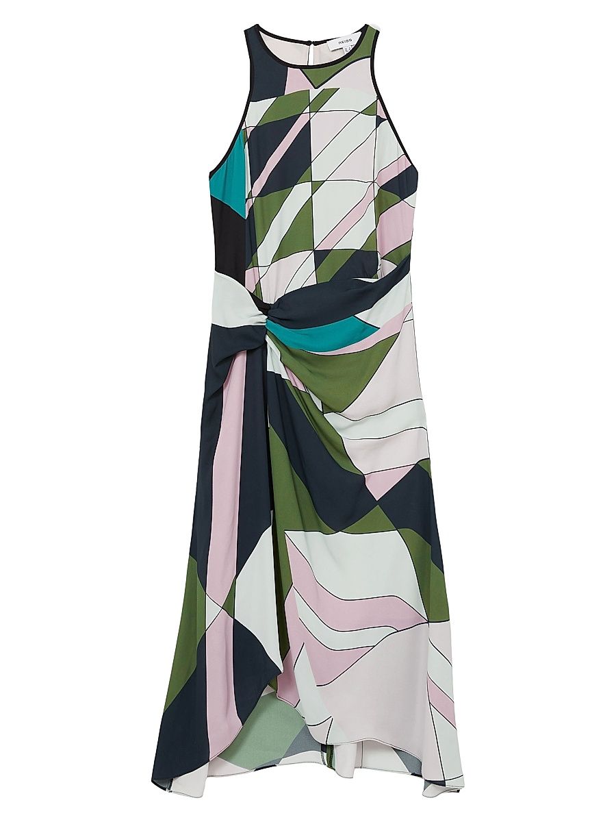 Women's Geometric Gathered Midi-Dress - Green - Size 10