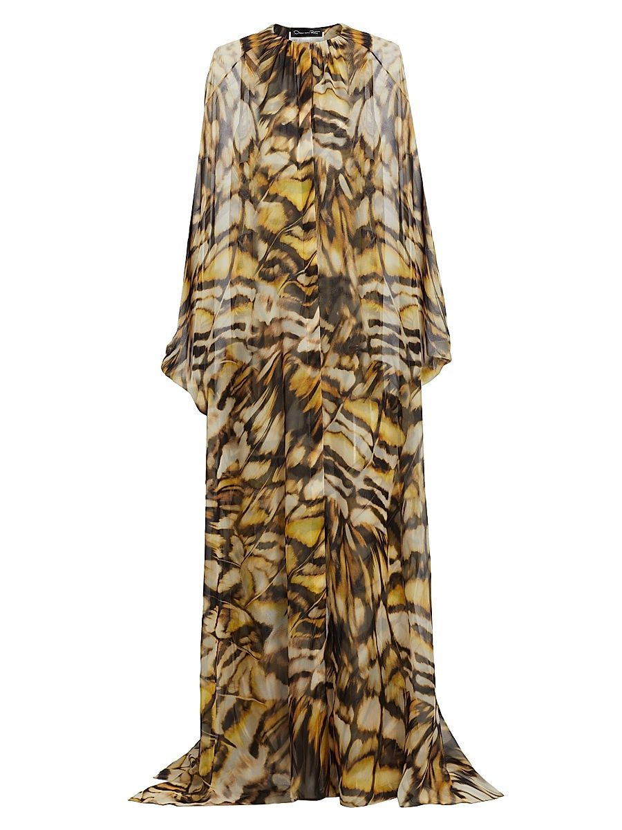 Women's Abstract Butterfly Silk Chiffon Caftan Gown - Black Multi - Size Small