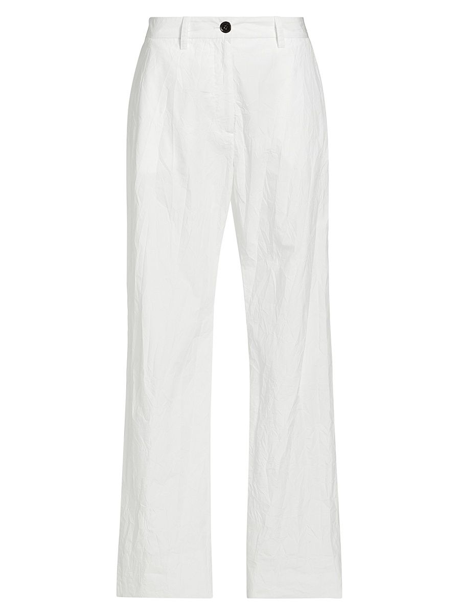 Women's Crinkle Cotton-Blend Wide-Leg Pants - White - Size 10