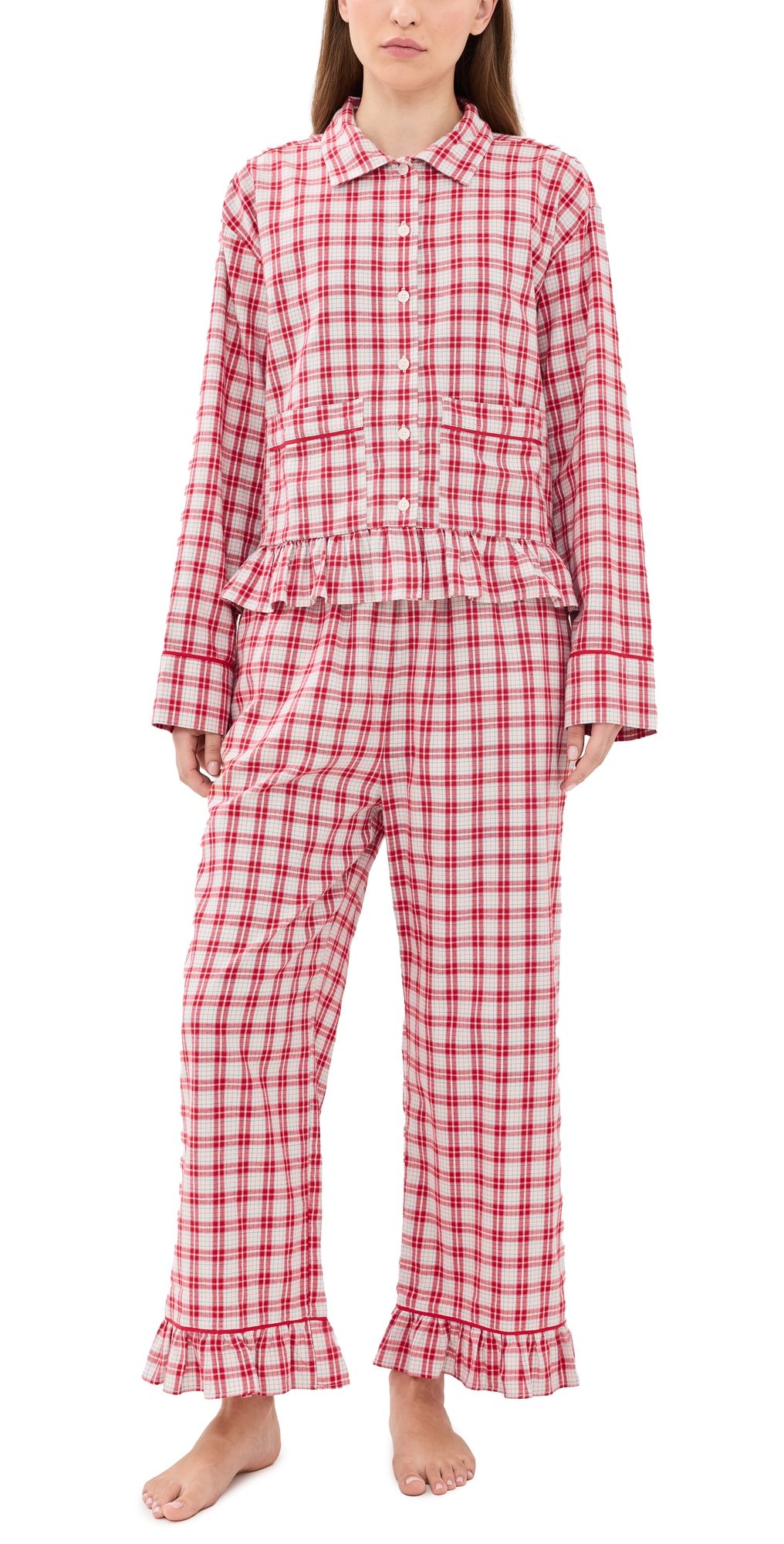 Hill House Home The Marnie Pajama Set Crystalline Plaid/Ivory Red L