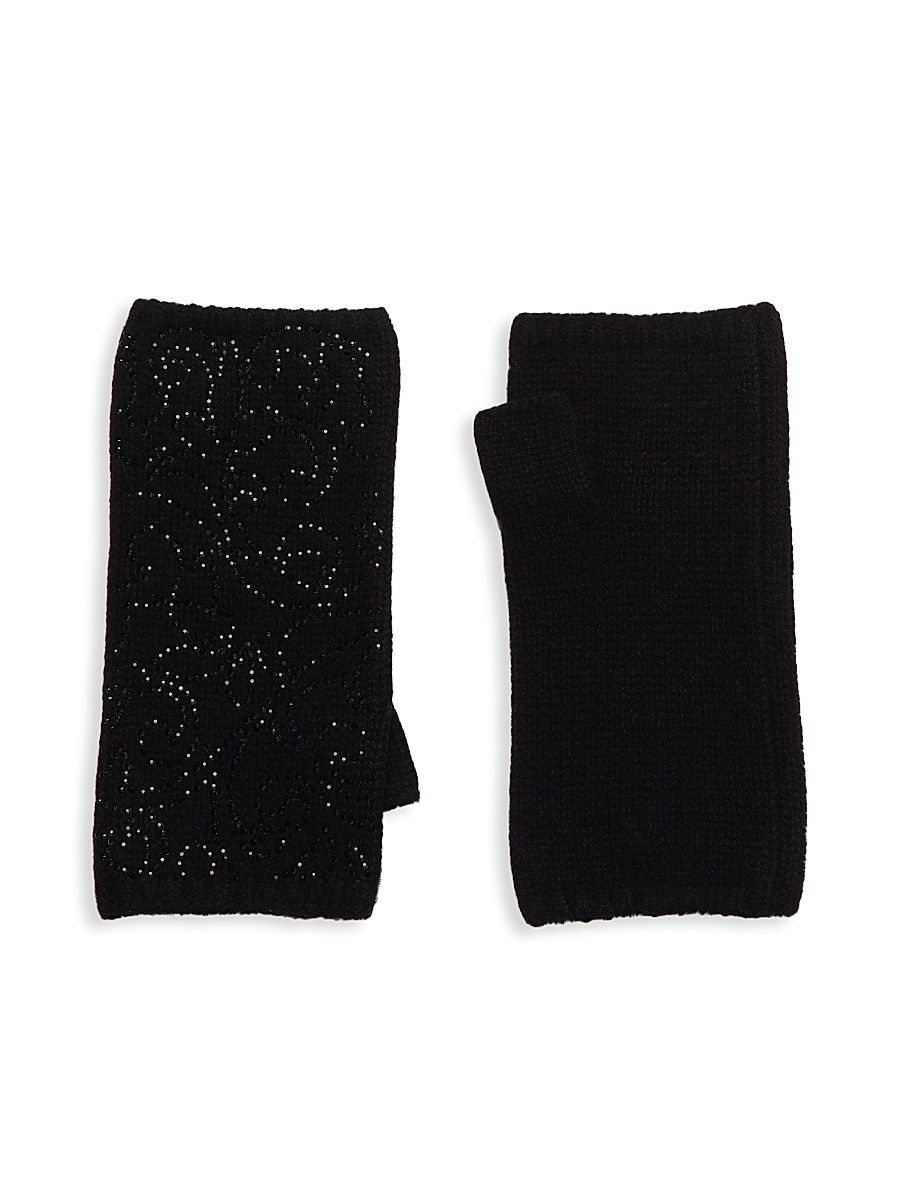 Women's Crystal Fleur De Lis Cashmere Fingerless Gloves - Black