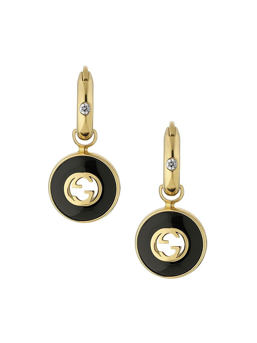 Women's Interlocking G 18K Yellow Gold, Black Onyx & 0.042 TCW Diamond Drop Earrings - Yellow Gold