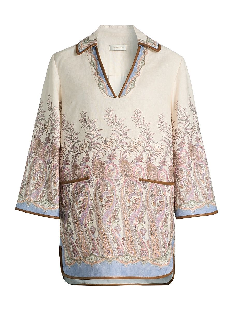 Women's Alchemy Floral Paisley Linen Tunic Minidress - Cream Paisley - Size 10