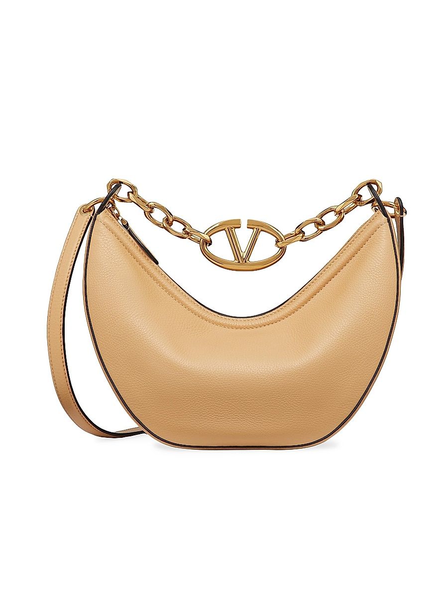 Women's Small VLogo Moon Hobo Bag in Grainy Calfskin - Cappuccino