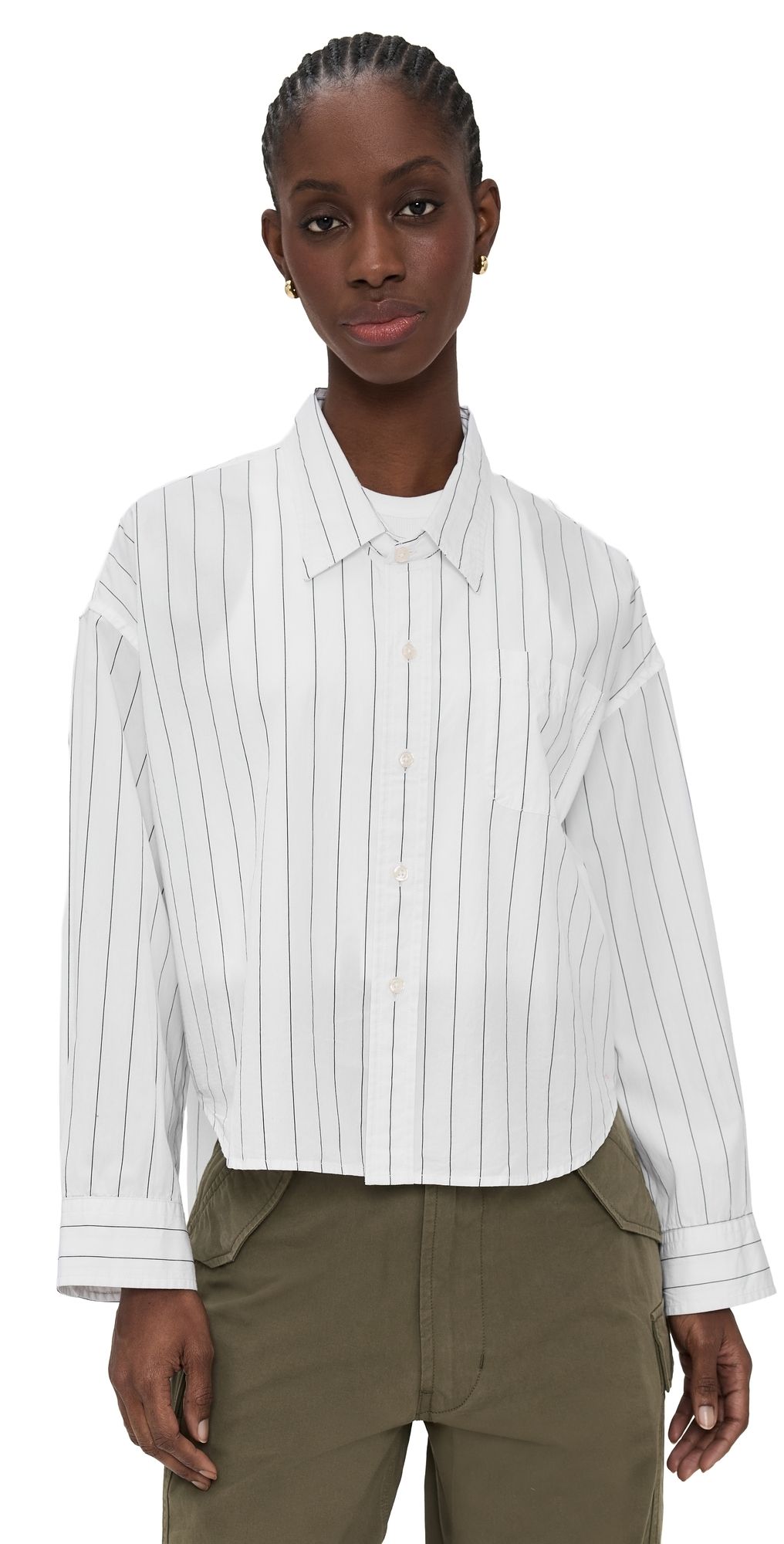 Denimist Cropped Shirt Ecru/Black Wide Pinstripe XS