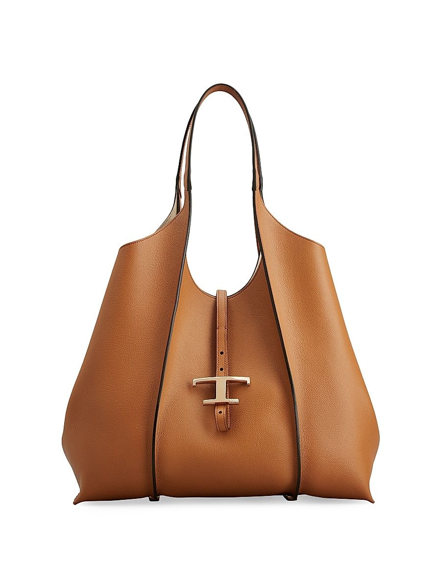 Women's Medium T Timeless Leather Shopper Tote Bag - Kenia Scuro