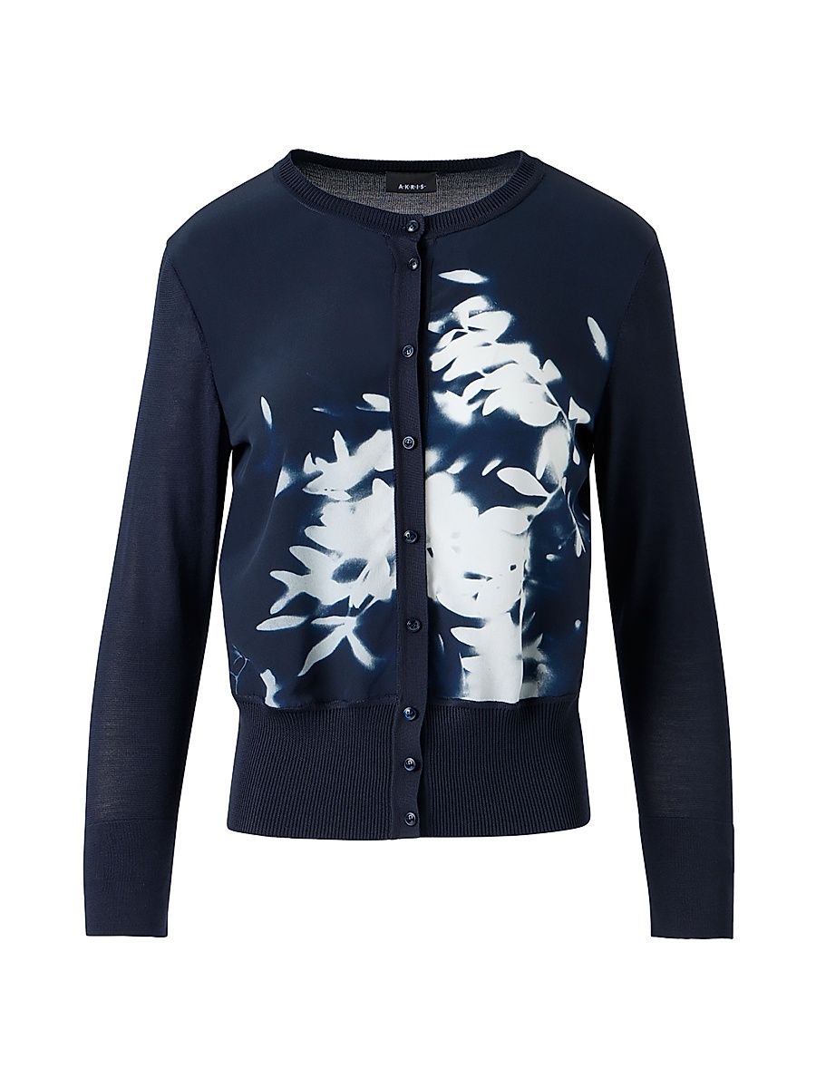 Women's Wildflower Silk Cardigan - Navy Ecru - Size 2