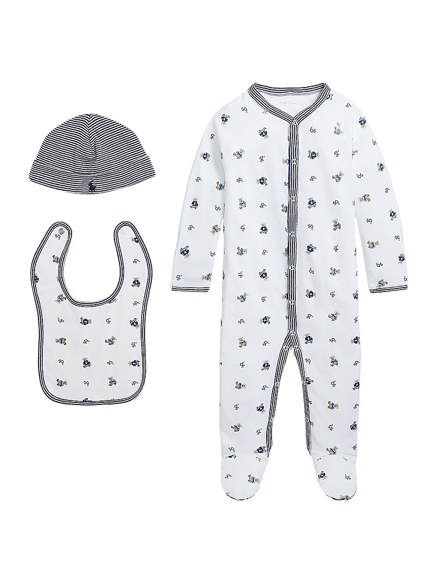 Baby Boy's Footie, Beanie & Bib Gift Set - White Multi - Size 9 Months