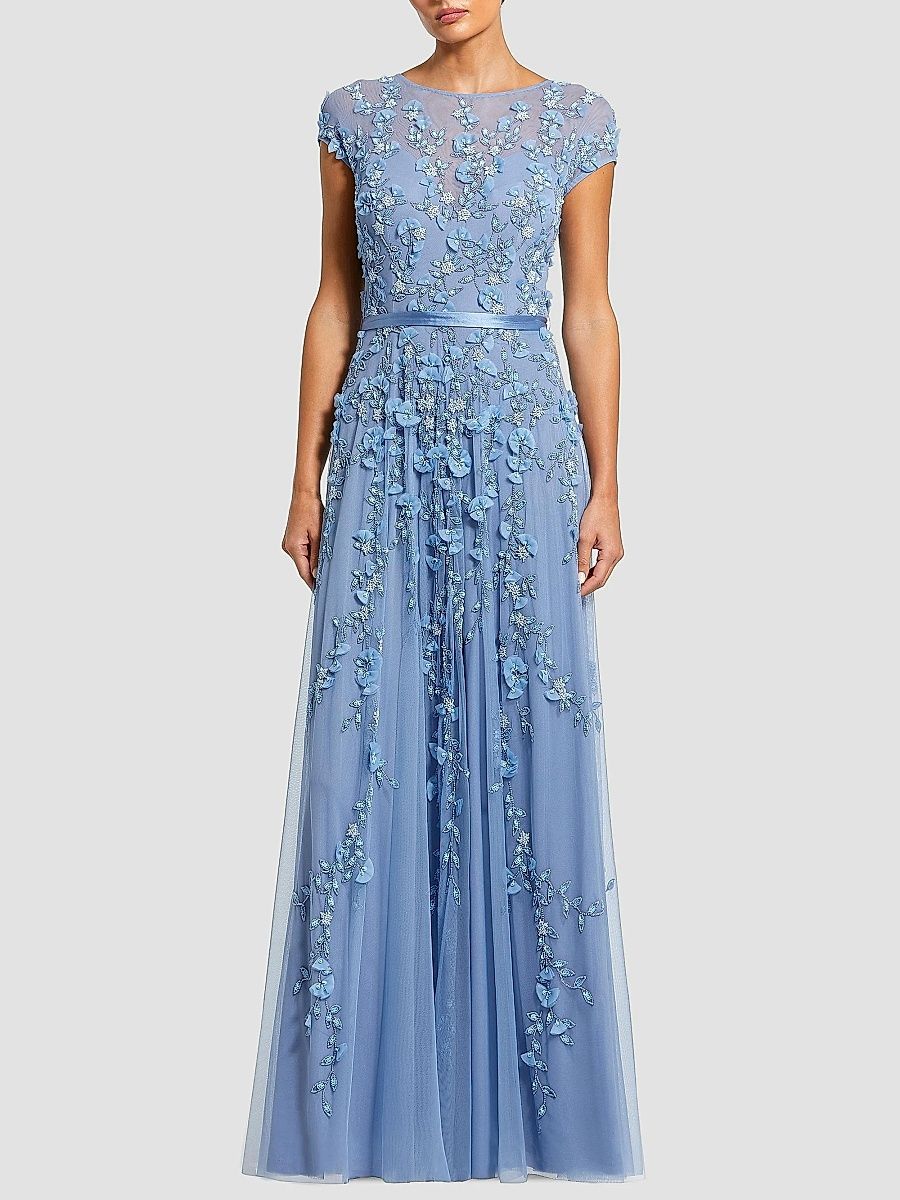 Mac Duggal Women's Petite Floral Applique Chiffon A-Line Gown - Sky Blue - Size Petite 16