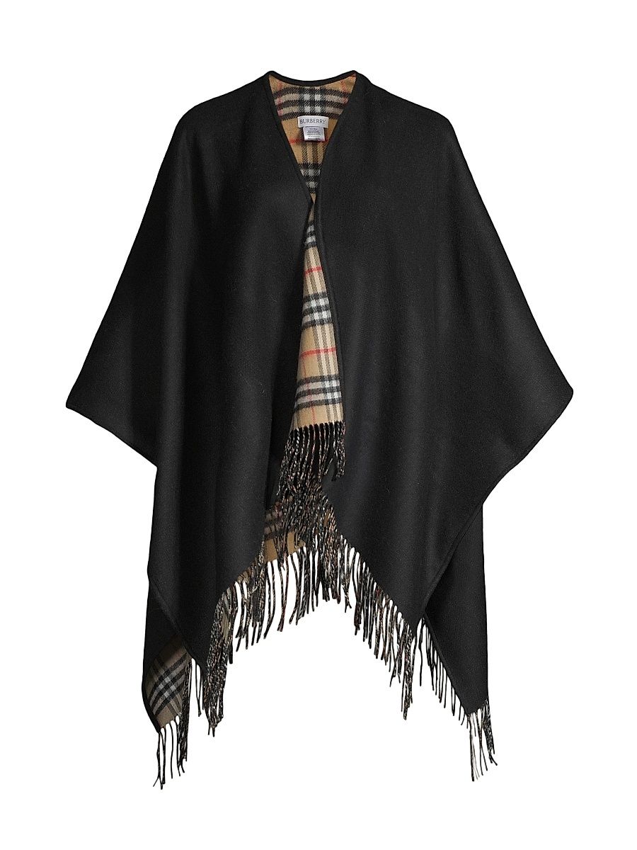 Women's Reversible Wool Cape - Black Beige