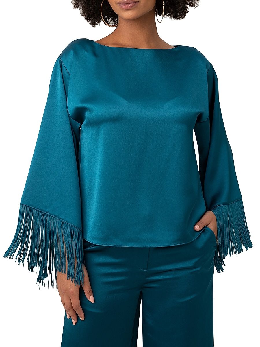 Women's Arabella Fringe Satin Top - Bethesda Blue - Size XS