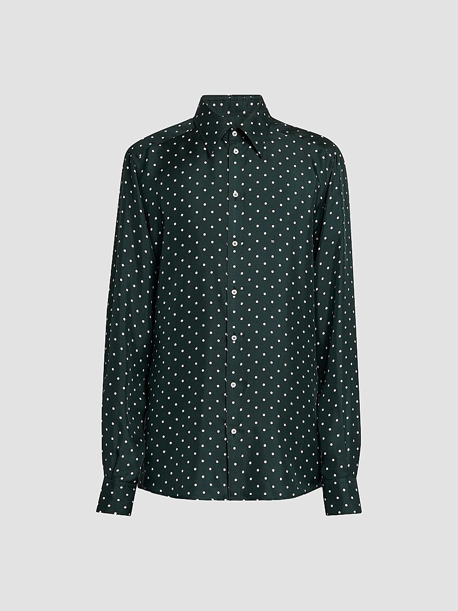 Men's Polka Dot Silk Button-Front Shirt - Pois Verde - Size 16.5