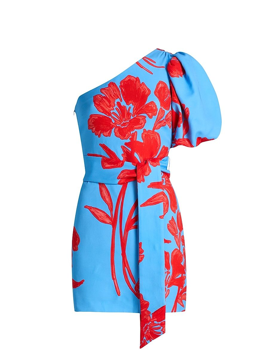 Women's Lucia One-Shoulder Puff Sleeve Floral Minidress - Flora Shadow Sky - Size 14