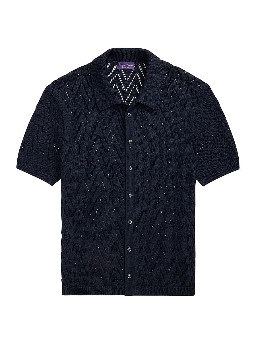 Men's Textured Cotton Short-Sleeve Cardigan - Navy - Size XL
