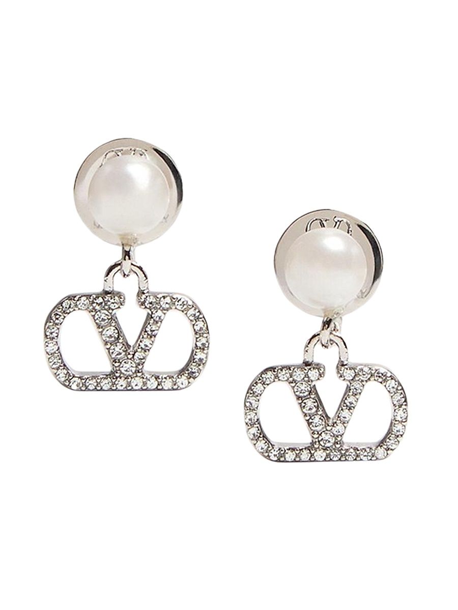 Women's VLogo Signature Earrings in Metal, Pearl and Swarovski Crystals - Palladium