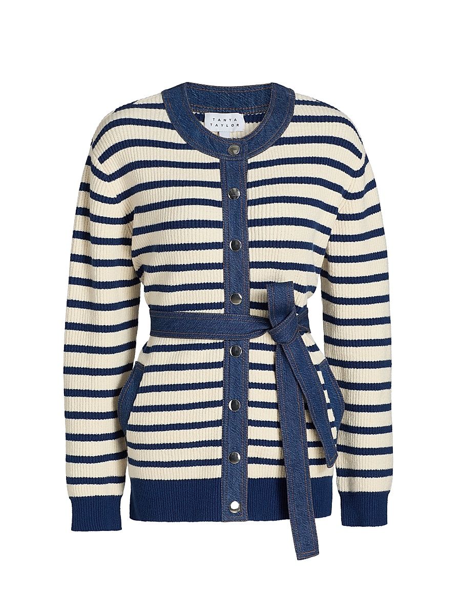 Women's Delia Denim-Trim Stripe Stretch Cotton Cardigan - Cream French Blue - Size XL