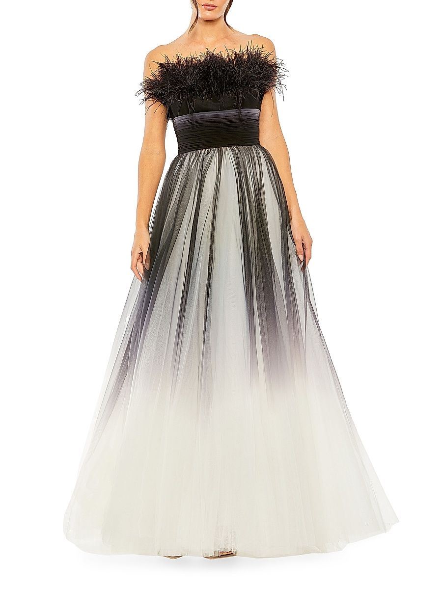 Women's Strapless Feather & Tulle Gown - Black Ombre - Size 4