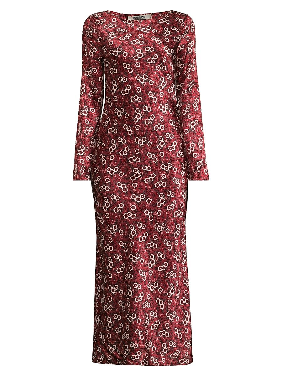 Women's Gaia Floral Silk Charmeuse Midi-Dress - Ruby - Size Large