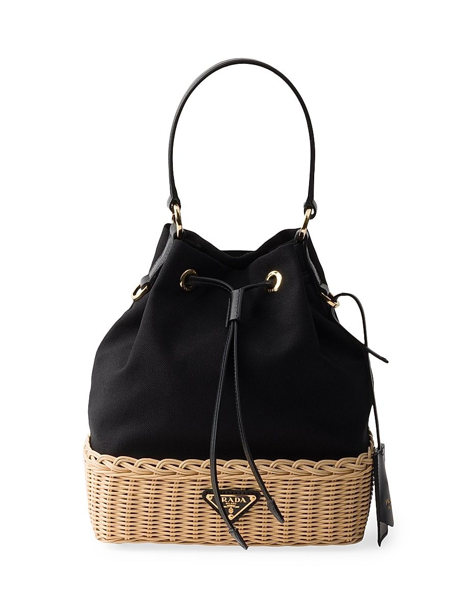 Women's Wicker and Canvas Bucket Bag - Black