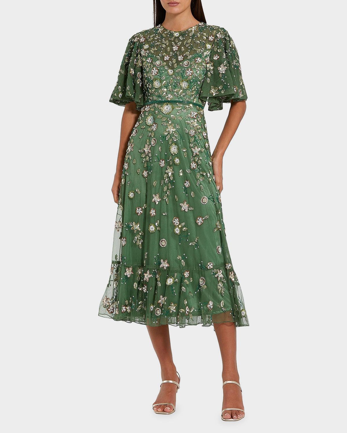 Floral Beaded Mesh Midi Dress