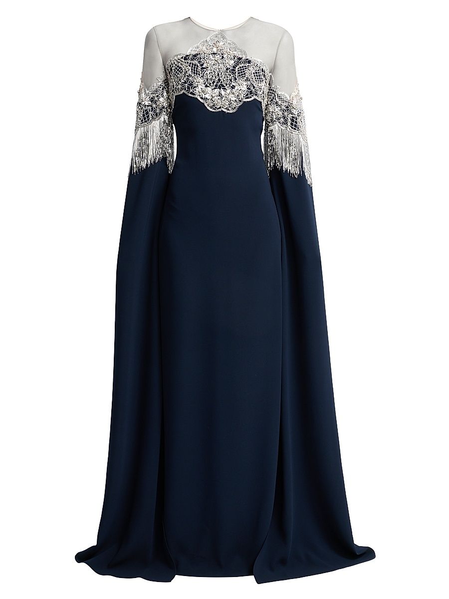 Women's Metallic Lace Illusion Cape Gown - Navy - Size 2