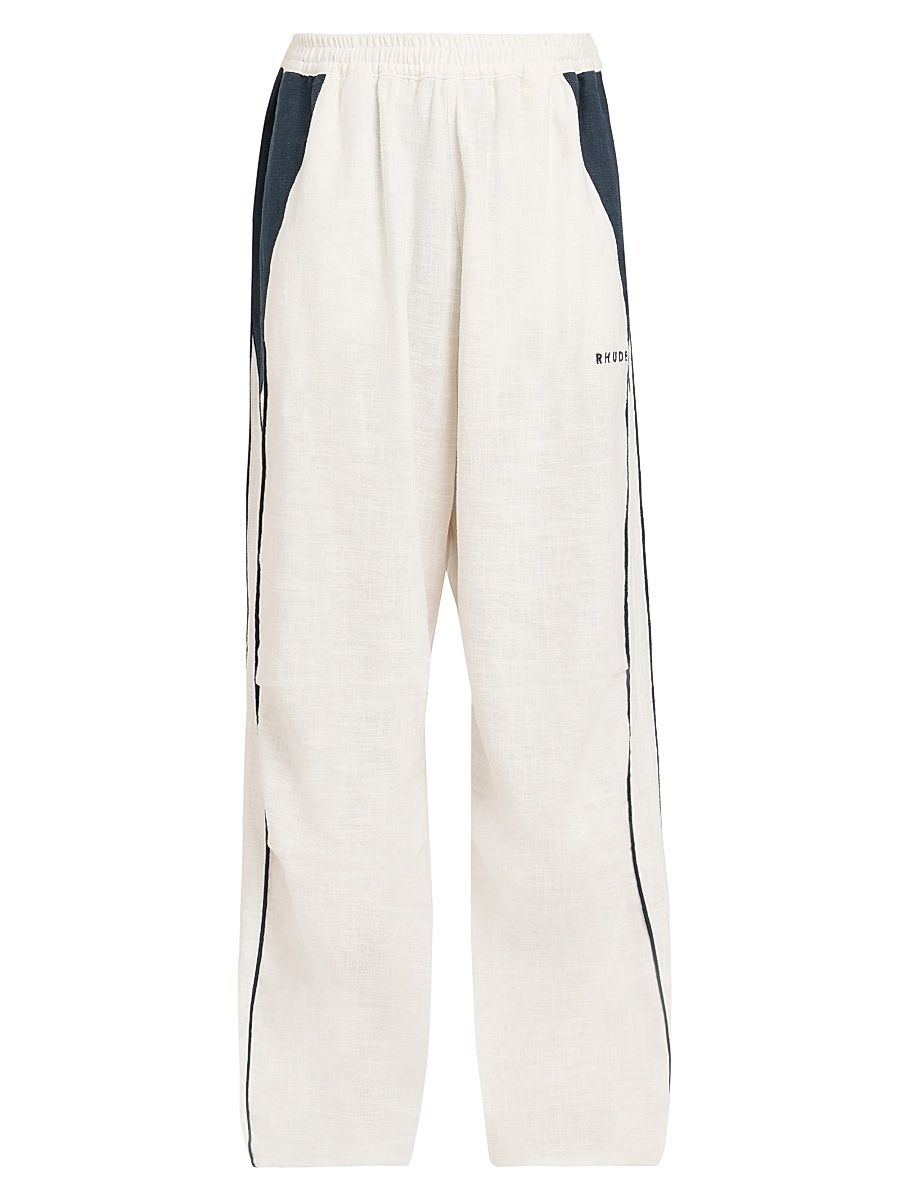 Men's Ramona Contrast-Piping Linen Track Pants - White Navy - Size Medium