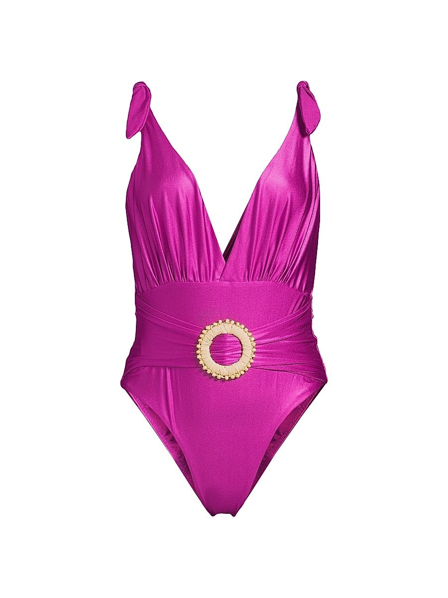 Women's Embellished Plunging V-Neck One-Piece Swimsuit - Purple - Size XS