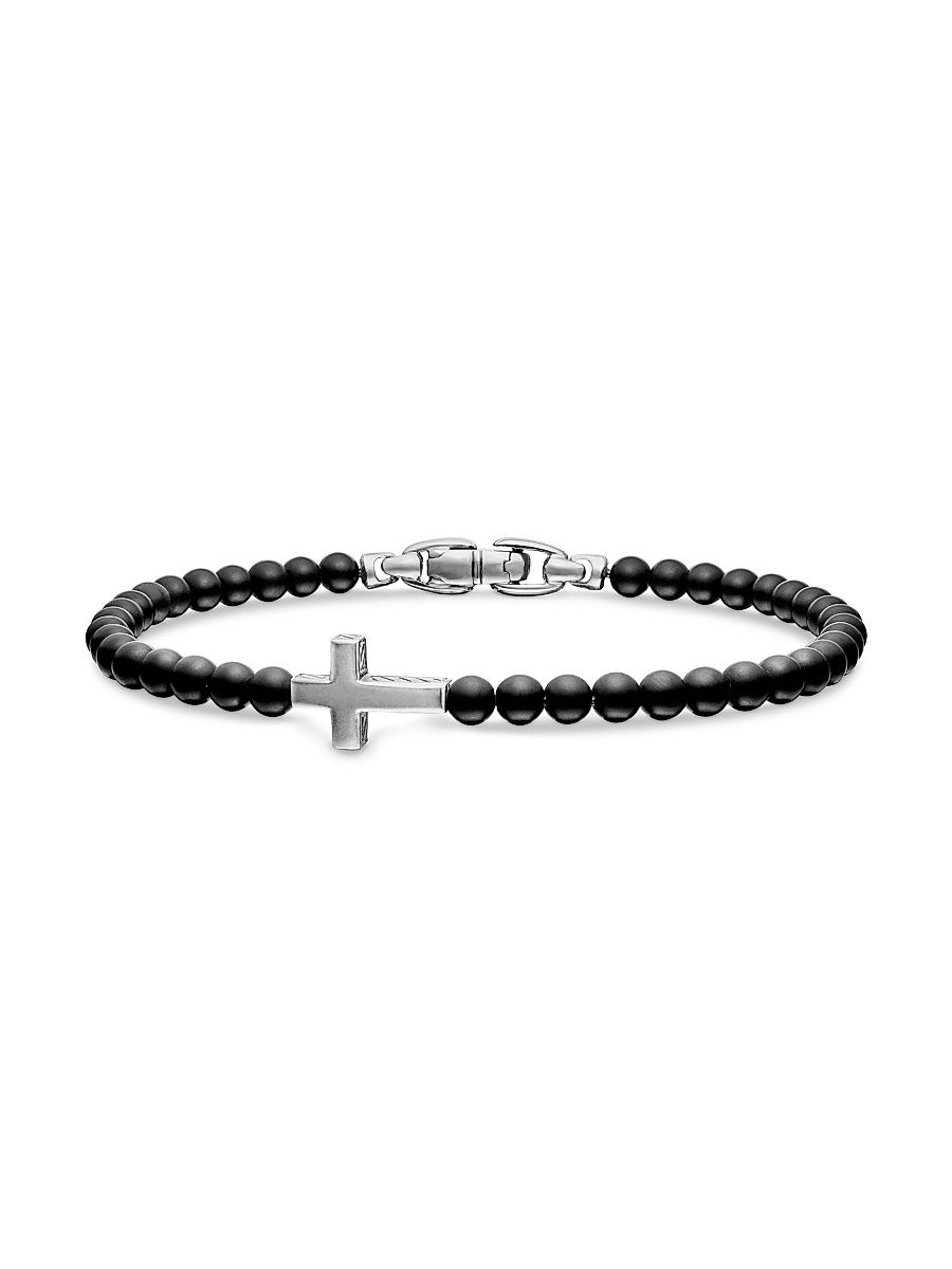 Men's Spiritual Beads Cross Station Bracelet in Sterling Silver - Black Onyx - Size XS
