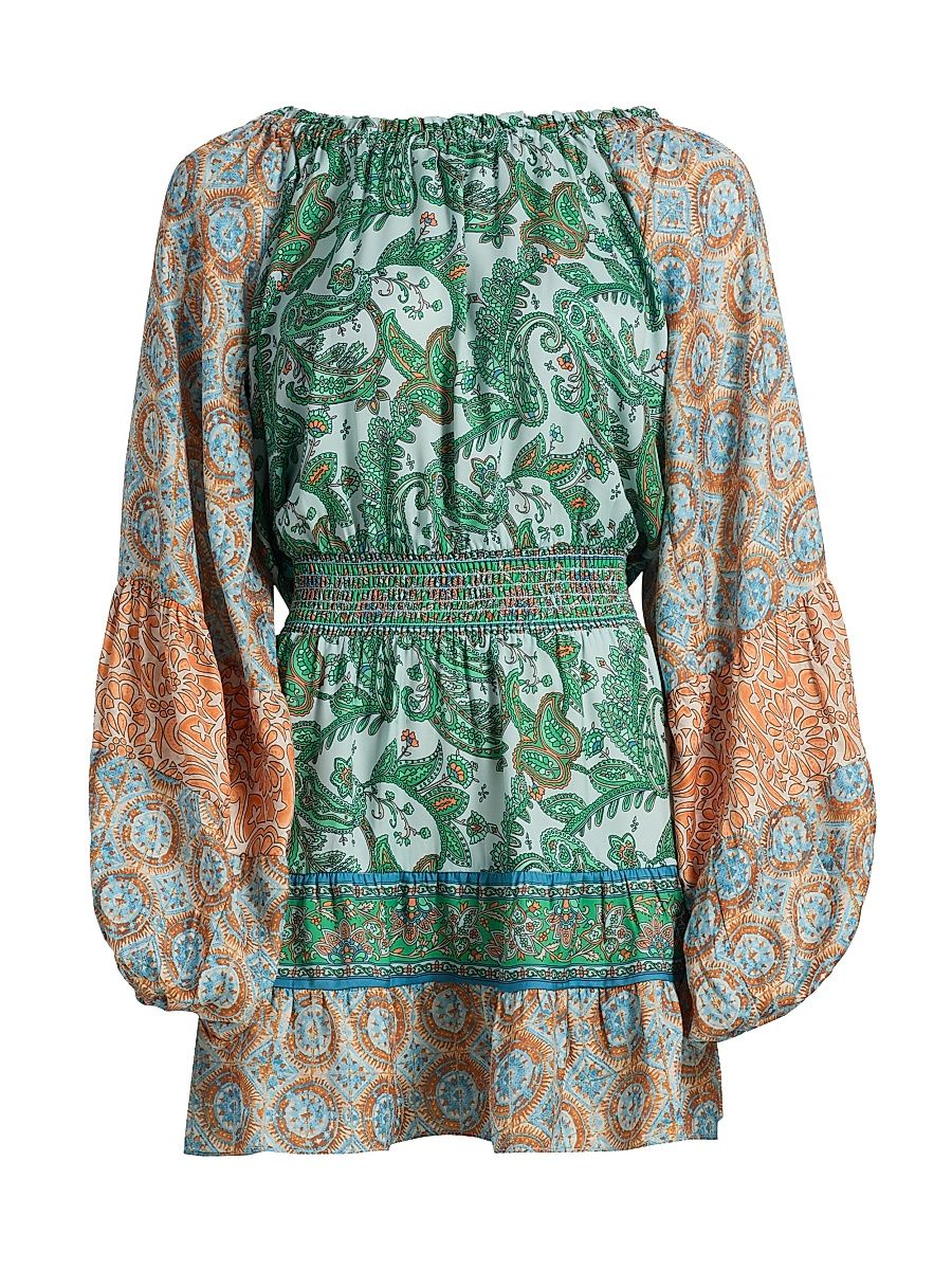 Women's Claudine Paisley Balloon-Sleeve Minidress - Bright Palm Patchwork - Size XL