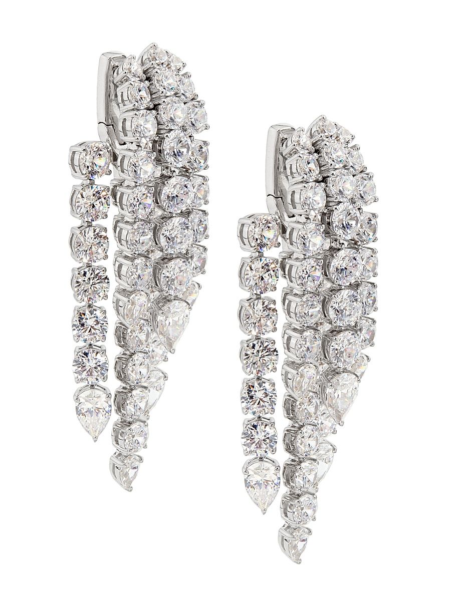 Women's Perfect Tennis Frontback Waterall Huggie - Rhodium