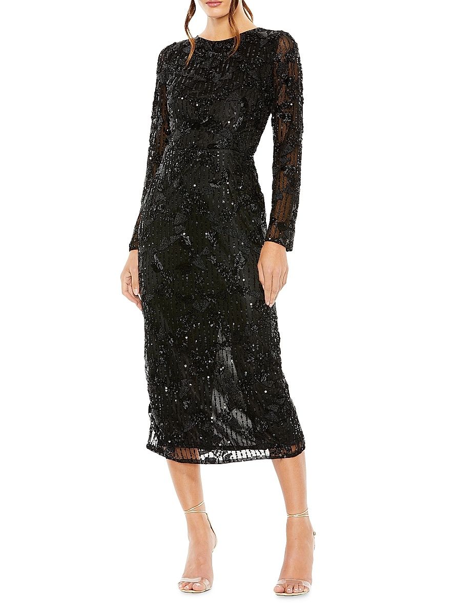 Women's Beaded Long-Sleeve Midi-Dress - Black - Size 18