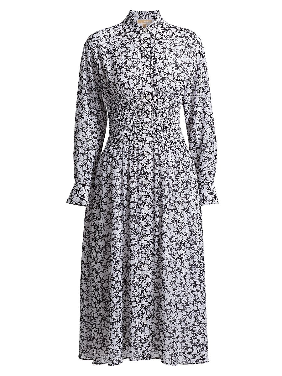 Women's Floral Smocked Button-Front Midi Shirtdress - White - Size Medium