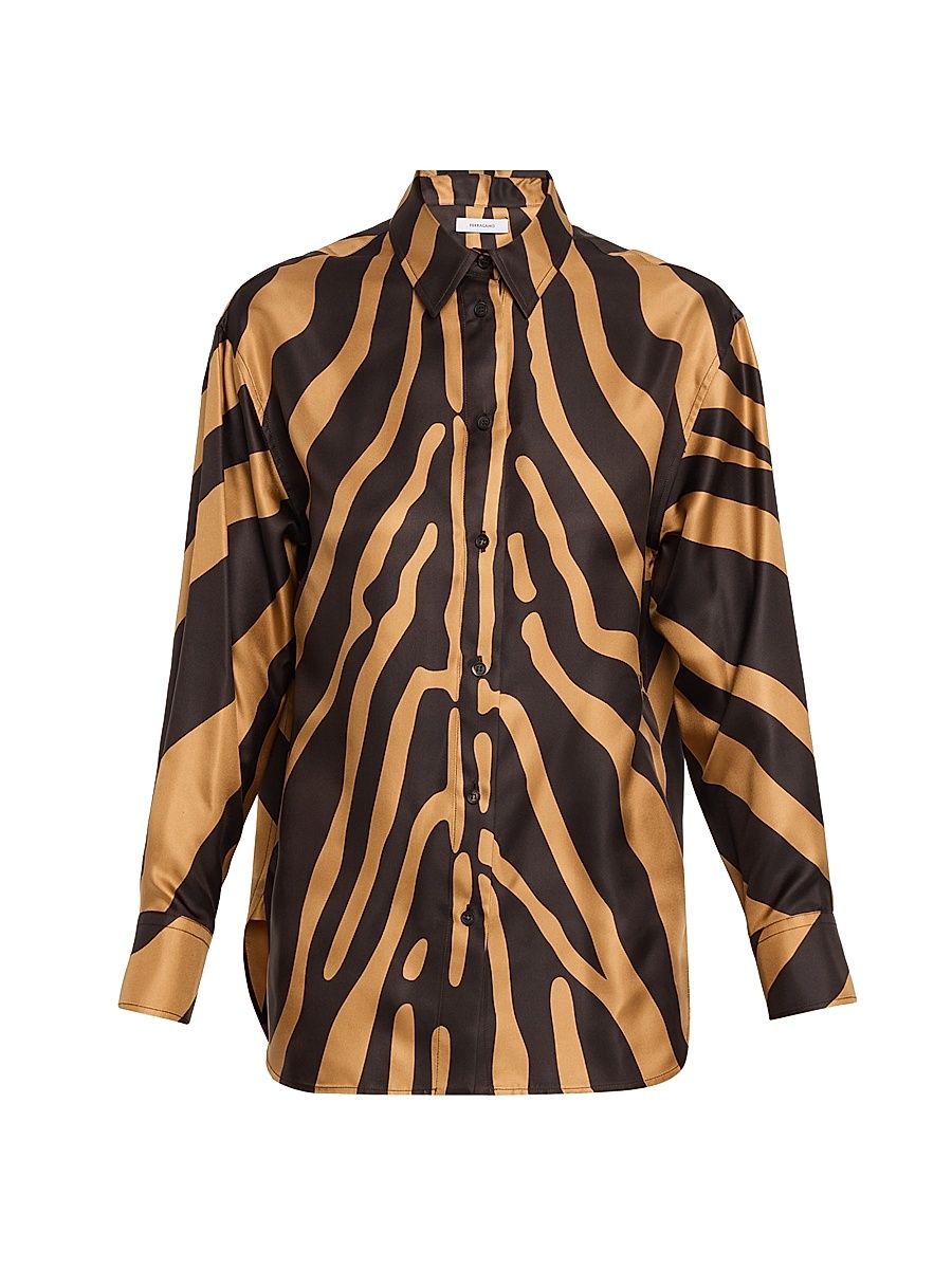 Women's Zebra Print Silk Button-Up Shirt - Camel Dark Espresso - Size 2