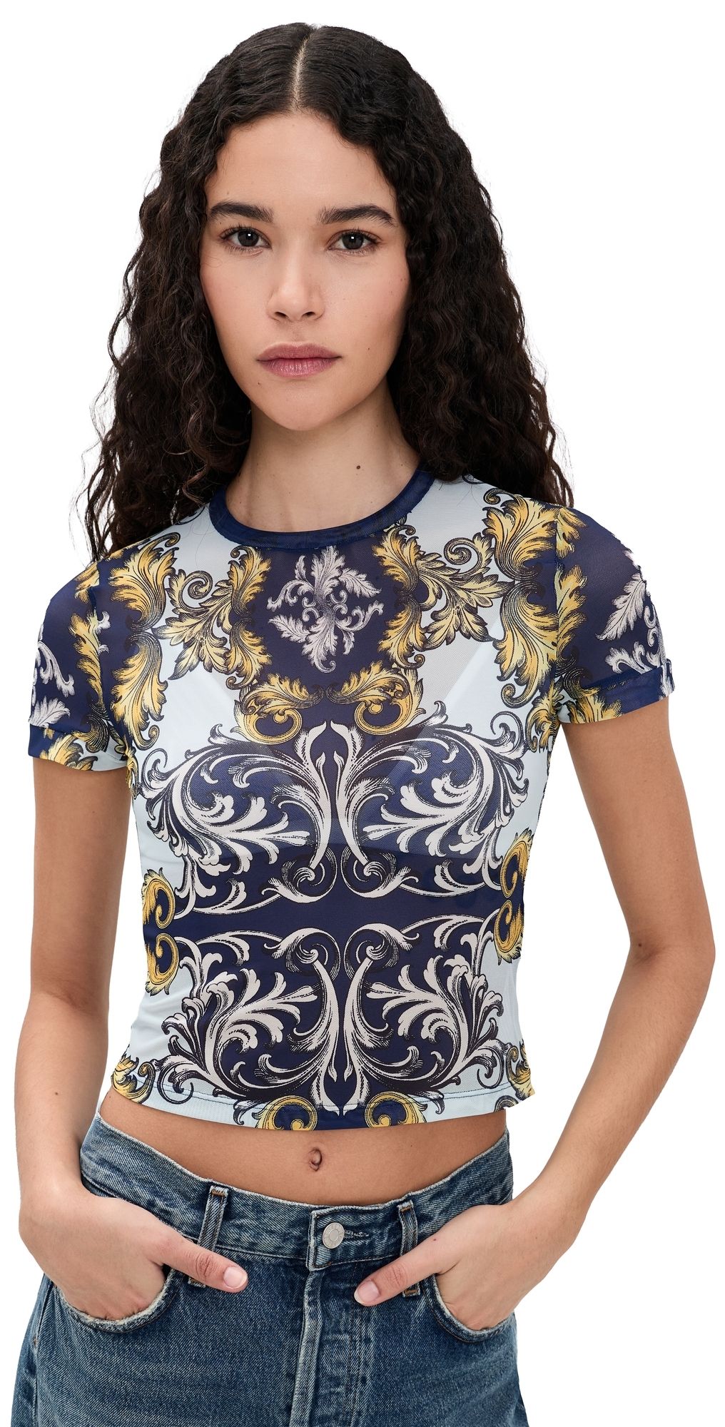 ALICE + OLIVIA Tess Mesh Tee Antique Scroll S