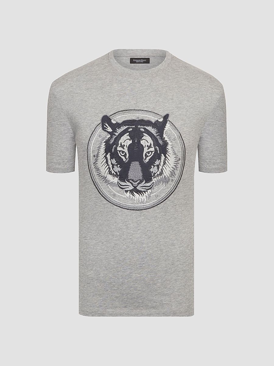 Men's Tiger Embroidered Design T-Shirt - Grey - Size XL