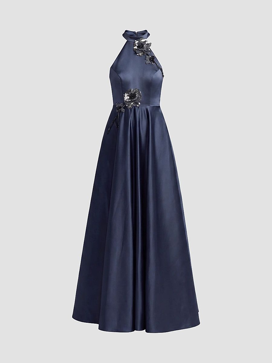 Women's Satin Sequin Floral A-Line Gown - Midnight - Size 14